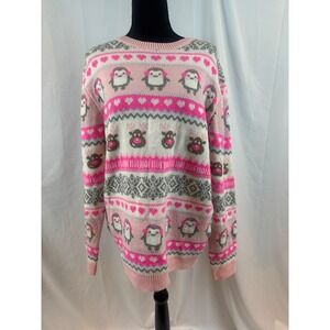 Pink Penguin Reindeer Fair Isle Ugly Christmas Sweater Long Sleeve Size XXL